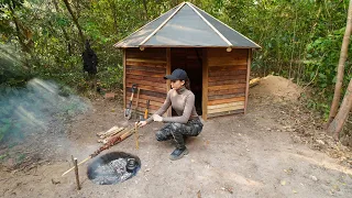 Building Underground Wooden Bushcraft Shelter With Plastic Roof, Survival Alone In Wild