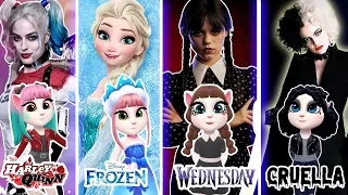 My Talking Angela 2 Gameplay | Frozen Elsa Vs Harley Quinn Vs Wednesday Vs Cruella | Cosplay