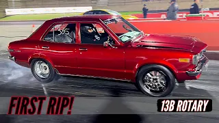 LISA RACES THE MAZDA RX3 FOR THE FIRST TIME!  - THE BEND DRAGWAY "OFF STREET DRAGS" - 13B ROTARY