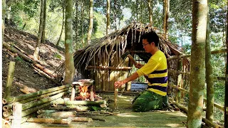 water supply by pipe bamboo - cooking on stone | bamboo house - bushcraft survival shelter