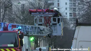 Pompiers de Paris Intervention évacuation d'une victime avec Echelle avec Nacelle ( EPAN ) 4K