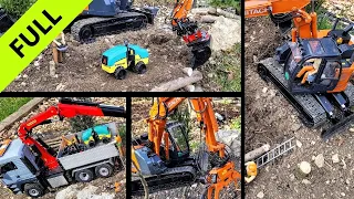Tree felling and log crib wall construction. RC excavator Hitachi ZX135US, Grapple Saw. Full edit