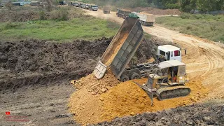 Excellent First Session Making Construction Foundation For New Road Working BY Dozer Heavy Trucks