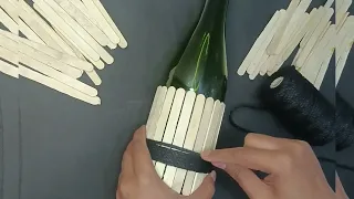 Diy beautiful BOTTLE Art with Popsicles sticks and black macrame thread