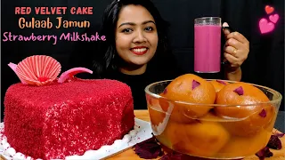 Eating ❤ Red Velvet Cake + Gulab Jamun + Strawberry Milkshake || ASMR Mukbang Cake & Sweets