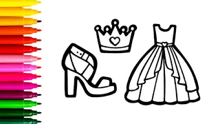 Princess Heel and crown,dress painting and colouring for kids || Drawing lessons forbeginners