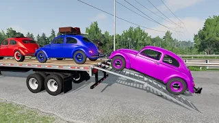 Small Cars Transportation with Truck on Flatbed Trailer - Speed Bump vs Car Fallen Tree-BeamNG.Drive