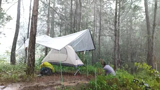 Amazing camping ⛈️relaxing camping in heavy rain 🌧 thunderstorm and raindrops on plastic tarp
