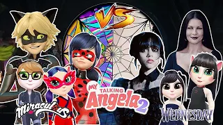 My Talking Angela 2 ❤️/ Miraculous Cat Noir And Ladybug VS Wednesday Addams And Morticia Addams 🐾🥰