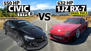 550hp FBO Civic Type R vs 632hp FD RX-7 Drag Race // HONDA vs HATERS