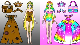 Vestir Muñecas De Papel | Rich Vs Poor Girl Rainbow Prom Dress Up | Woa Doll En Spanish