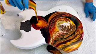 Fiery Results! - Double Straight Pour On An Electric Guitar! - Acrylic Pouring