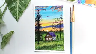 Landscape painting for beginners || Sunset landscape painting || Sanjida's painting