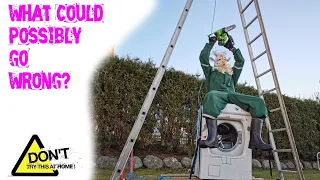 Crazy norwegian Bungee  jumping a washing machine.  Will it survive??