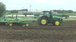 John Deere 8R 410 first test ride with seedbed tiller beside the Waterloo tractor factory in 2019