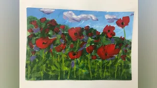 40 | Acrylic painting of poppy fields | How to paint easily | In a Time lapse