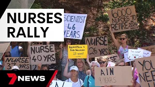 Nurses who refused COVID jabs rally on the Gold Coast demanding their jobs back | 7 News Australia