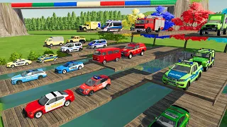 TRANSPORTING FIRE TRUCK,POLICE CARS, AMBULANCE, CARS OF COLORS! WITH TRUCKS! - FARMING SIMULATOR 22