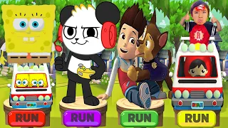 Tag with Ryan - SpongeBob Run vs Paw Patrol Ryder vs Kaji Ryan -  All Costumes All Vehicles Unlocked