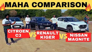 Citroen C3 Turbo vs Renault Kiger Turbo vs Nissan Magnite Turbo | Maha Comparison