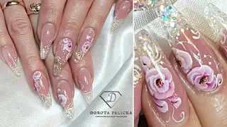 One stroke rose with encapsulated glitter. One stroke tutorial. Nail art compilation. Gel nails