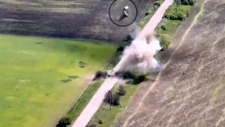 Russian tank explodes dramatically and pops off parts for extra flair