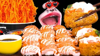 SUB│Spicy Chicken Noodles & Salmon Sushi ASMR Mukbang Eating Show