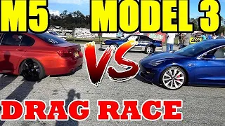 BMW M5 vs TESLA MODEL 3 Performance - 1/4 Mile Drag Race - RoadTest®