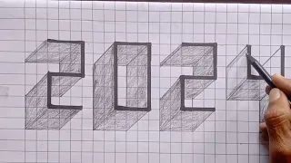 how to draw 2024 in 3d drawing on paper for beginners