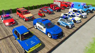 TRANSPORTING POLICE CARS, AMBULANCE, CARS, FIRE TRUCK OF COLORS! WITH TRUCKS! - FARMING SIMULATOR 22