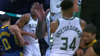 Giannis bumps Tyrese Haliburton to the ground after his dunk and gets a tech 👀