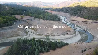 Lake Shasta, low water level, location of exposed tunnels and bridge from the air.  Drought.