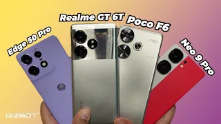 Poco F6 vs Realme GT 6T vs Moto Edge 50 Pro vs iQOO Neo 9 Pro 🔋 Battery & Performance