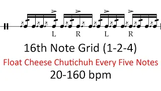 Float cheese chutichuh every five notes (1-2-4 accents) | 20-160 bpm playalong 16th note drum music