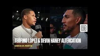 devin haney and teofimo lopez exchange word on dazn