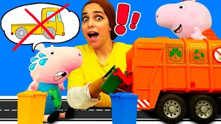 Peppa a jeté le camion de George dans la poubelle! Jeux avec jouets en peluche pour enfants.
