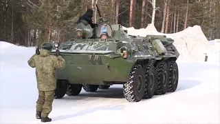 Russian Army mechanized unit training on group refueling the BTR-80 APC