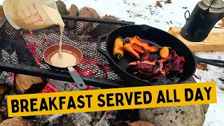 Campfire Breakfast | Bacon, Eggs, Pancakes, Peppers and Coffee | Cast Iron Skillet