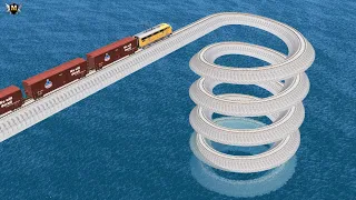 Impossible Weird Spiral Rail Tracks VS Trains Crossing - BeamNG.Drive