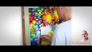 Leonid Afremov creating a painting of a couple under umbrella  - a montage clip .