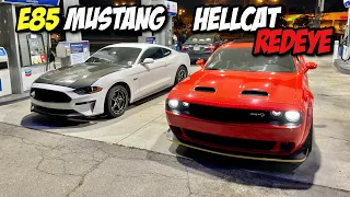 E85 10 Speed Mustang GT vs Challenger Hellcat Redeye! Roll Race