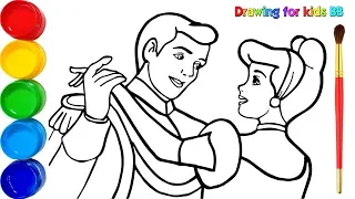 Glitter Cinderella and Prince Charming coloring and drawing for kids | Disney Princess Coloring