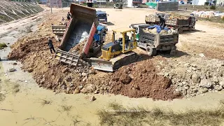 Nice Incredible Big Project Landfill ,Bulldozer D31P Push Soil and Many 5 Ton Truck Unloading Soiled