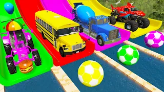 Funny cars vs Flatbed Trailer Tractor Truck Rescue Bus - Transporting Cars with slide Color - BeamNG