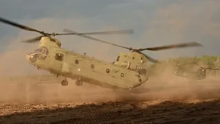 Royal Netherlands Air Force Chinook formation off field landing