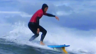 Chad Foulkes fin first takeoff Over 40s Sept 2019 Surfcoast Longboard Club Comp