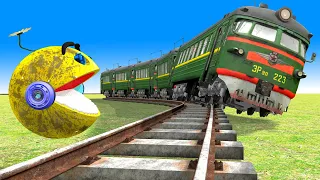 【踏切アニメ】あぶない電車 TRAIN Vs MS PACMAN Vs Nick and Tani 🚦Fumikiri 3D Railroad Crossing Animation