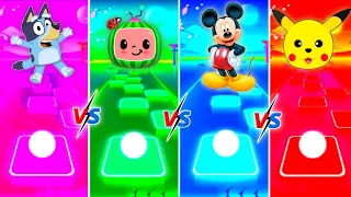 Bluey And Cocomelon Vs pikachu Vs mickey mouse In Tiles Hop EdM Rush Games