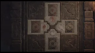 Resident evil 4 Remake Загадка замка - стена дверь с рыцарскими изображениями доспехов из плит камня