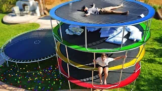 LAST TO LEAVE TRAMPOLINE TOWER WINS! EXTREME TRAMPOLINE PARK CHALLENGE!!!